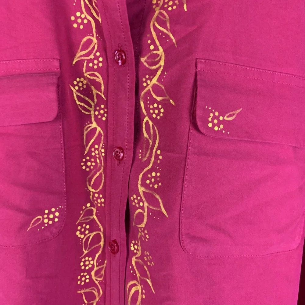 Chicos Blouse Womens 4 Pink Button Up Gold Painted XXL 20-22 Travel Relaxed‎